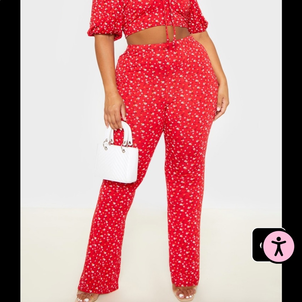 PLT Red Ditsy Floral Flared Trouser